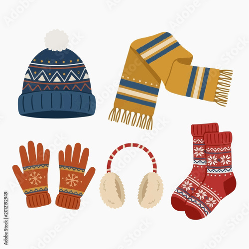 Winter Warmth Collection: A cozy ensemble of winter essentials – a knitted hat, a patterned scarf, warm gloves, earmuffs, and patterned socks. A visual representation of comfort and seasonal style.