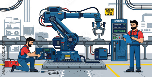 Canvastavla Modern industrial smart factory with automated robotic arm and professional engineers monitoring production line efficiency and mechanical system maintenance