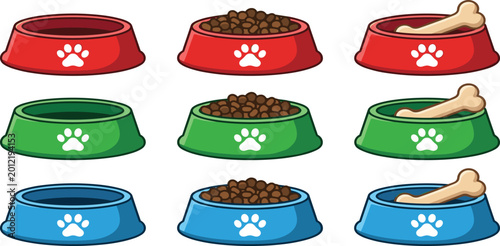Konstfotografi Set of colorful pet bowls with dry food and bones for dog or cat animal care the