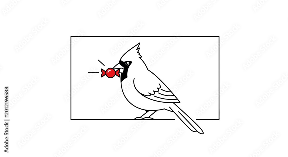 Fototapeta premium Cardinal Bird Holding a Red Candy in its Beak, Line Art Illustration