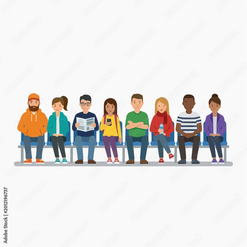 Obraz premium Patiently Waiting: A diverse group of individuals sits together, unified in the shared experience of waiting, each absorbed in their own pursuits while coexisting in a moment of stillness.