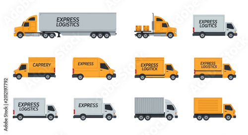 Express Logistics Delivery Trucks Set: Vans, Trucks, Semi-Trailers, Transportation Icons