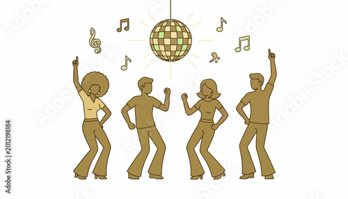 Foto Retro disco dancers, funky people, music icons, 70s party elements, vector illus