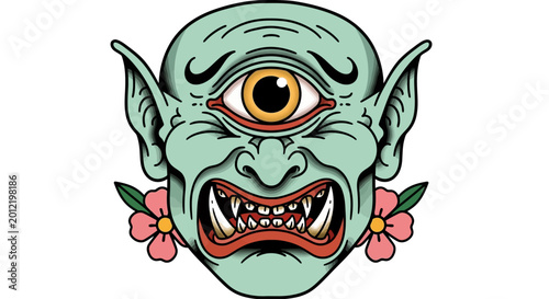 Foto Cyclops monster head, green skin, cartoon illustration, tattoo design, fantasy c