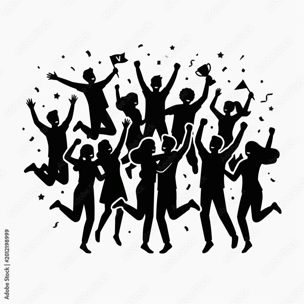 Fototapeta premium Celebration Silhouette: Energetic figures exude triumph and joy, confetti raining down, capturing the essence of success and accomplishment.