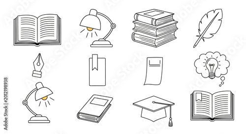 Education Icons: Books, Lamp, Graduation Cap, Feather Pen & Lightbulb Idea