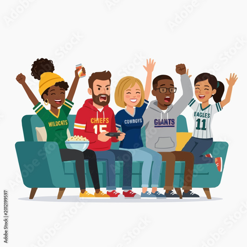 Fanatic Friends: Group of enthusiastic sports enthusiasts celebrate a game, showcasing unity and communal excitement, dressed in various team colors, reveling in the joy of the event.