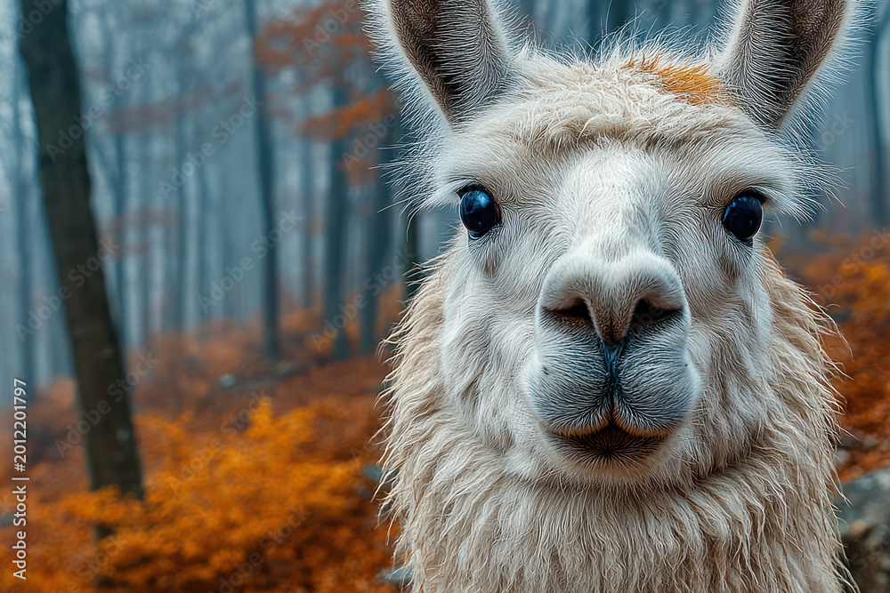 Fototapeta premium Funny Llama Portrait in Misty Autumn Forest, Curious Animal Close Up