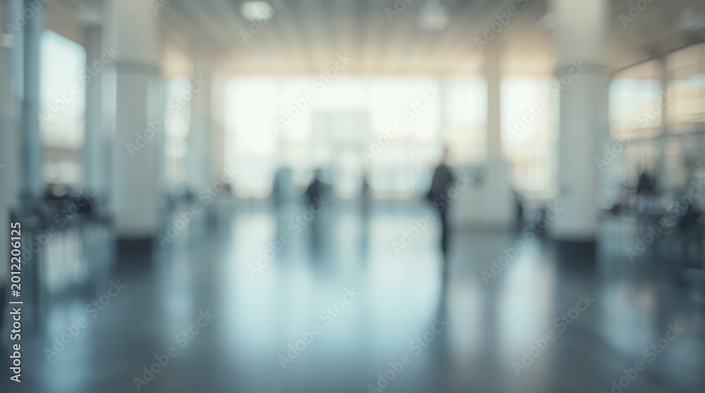 Fototapeta premium Softly blurred modern interior with people silhouettes and reflective floor