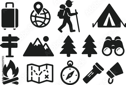 Bild auf Leinwand Camping safety and survival icons for outdoor emergencies