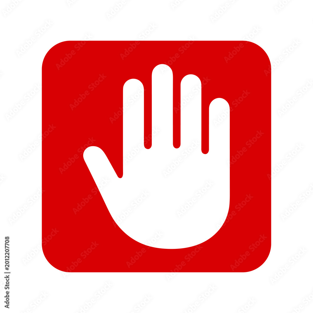 Obraz premium Red stop hand sign isolated on transparent background. Raised palm gesture icon. Access restriction symbol.