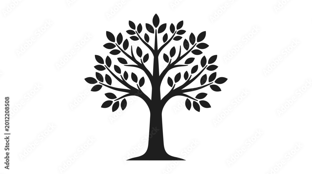 Fototapeta premium Black silhouette of a tree with dense branches and leaves tree trunk silhouette branches illustration outdoors