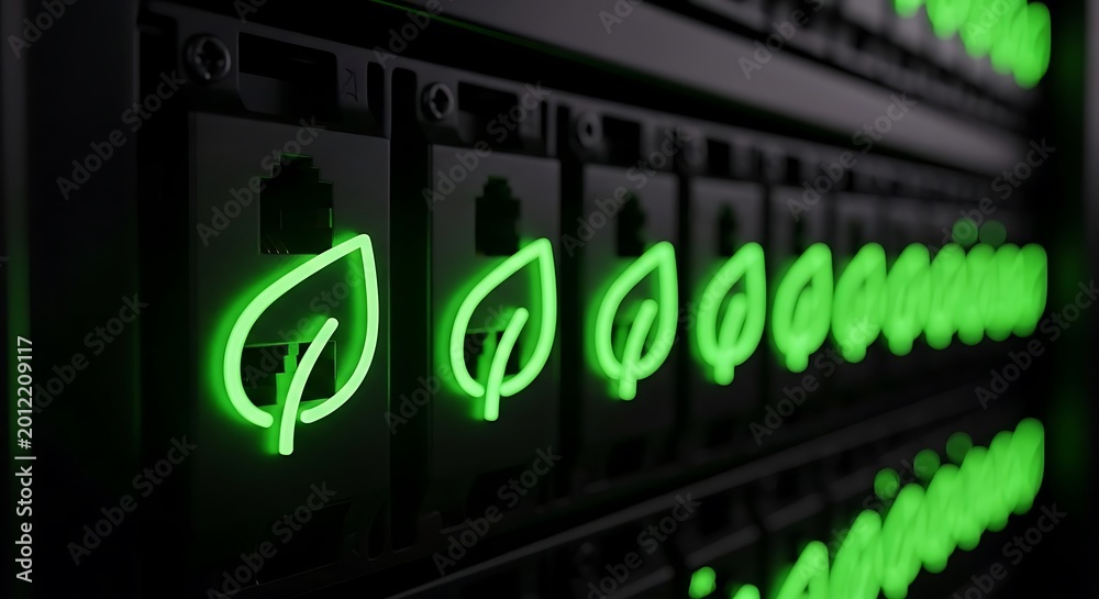 Obraz premium Sustainable server rack components featuring glowing green neon leaf indicators in a high-tech facility with beautiful bokeh. Ideal for eco-friendly cloud computing and green energy marketing.