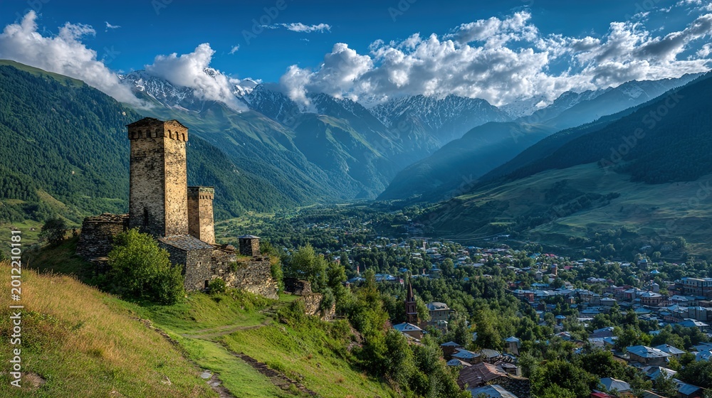 Obraz premium Medieval stone tower on hilltop overlooking mountain town