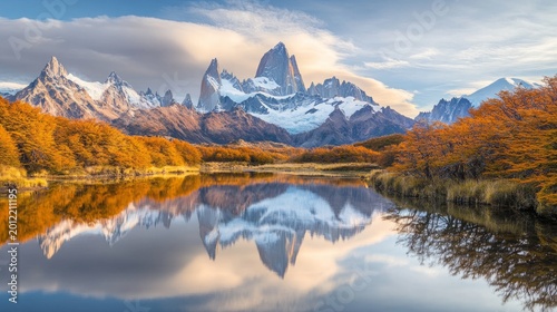 Autumn landscape features a calm lake reflecting the dramatic jagged peaks of a distant snow covered mountain range.