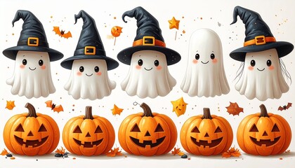 Cute Halloween isolated clipart set with candy pumpkins and happy ghosts