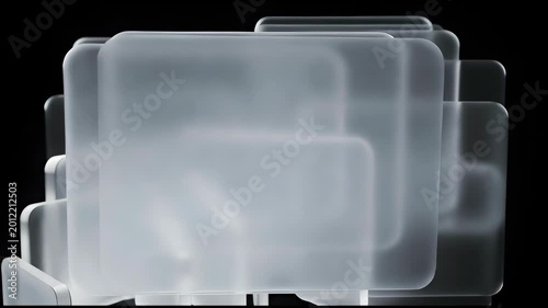 Floating frosted glass squares moving in a rhythmic pattern, abstract 3D motion graphic, seamless loop animation on deep black background