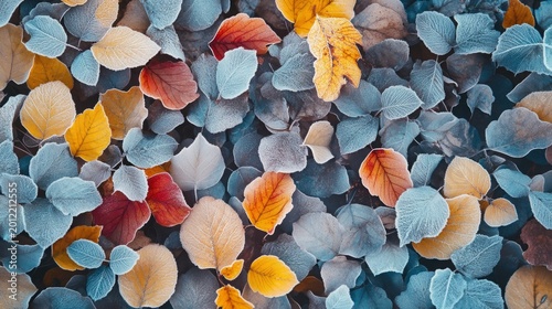 Leaves display a colorful mix of autumn hues covered in a delicate layer of morning frost on the forest ground.
