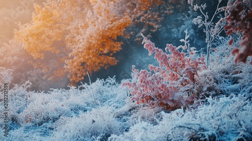 Frost covers the vibrant autumn leaves on the forest floor during a cold morning in the late autumn season period.
