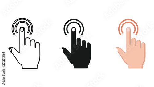Set of three finger click icons: outline, solid black, and realistic hand pressing button, vector illustration