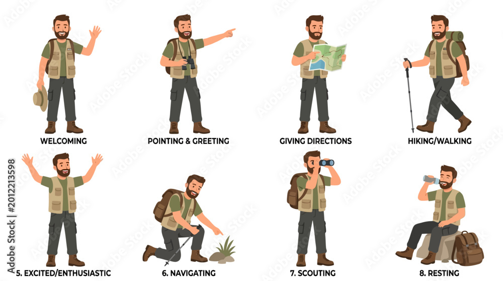 Obraz premium A collection of vector character poses featuring a bearded male hiker wearing a vest and backpack while performing various outdoor activities for travel themed projects.