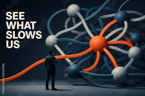 Workflow bottleneck concept with tangled network and businessman analyzing delays