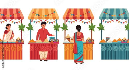 Vibrant Indian street food market, colorful vendor stalls, food cart icons, illustration set