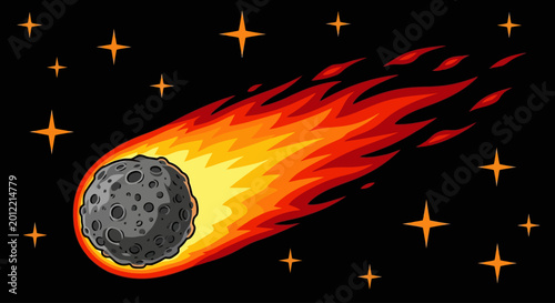 Meteorite, asteroid, comet, burning, fiery, space, starry, vector illustration