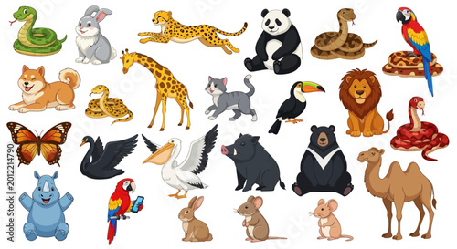 Tablou pe pânză Wild Animal Icons, Vector Illustrations, Zoo Animals, Wildlife Symbols, 25 Anima