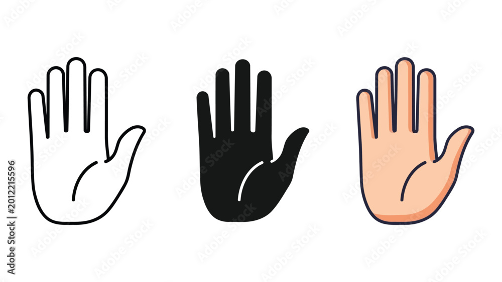 Obraz premium Three hand icons: outline, solid black, and realistic skin tone, showing stop gesture vector illustration