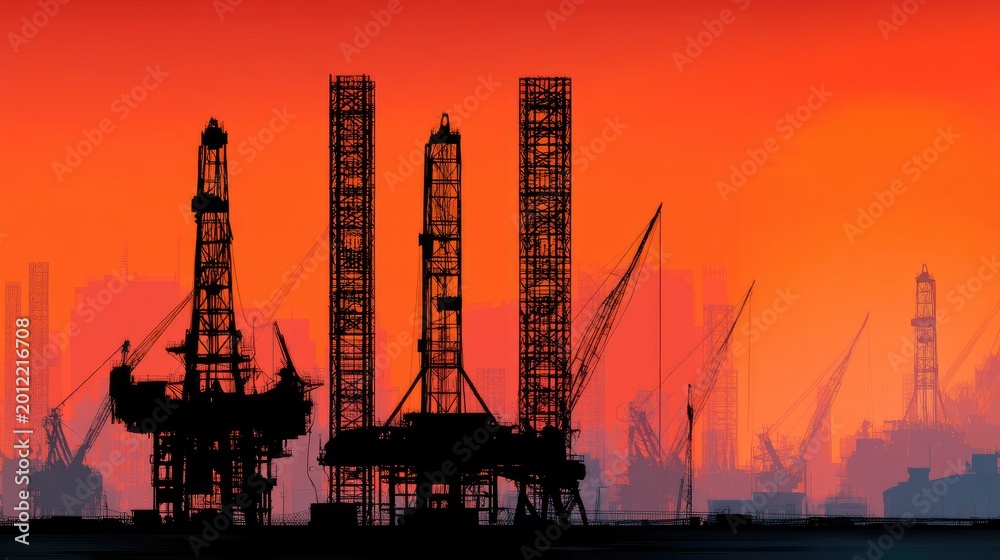 Obraz premium Silhouetted Oil Rigs against a Dramatic Sunset Sky over an Offshore Oil Platform Landscape
