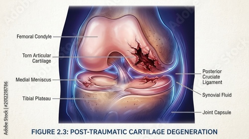 Detailed medical illustration of a damaged human knee joint with torn cartilage anatomy