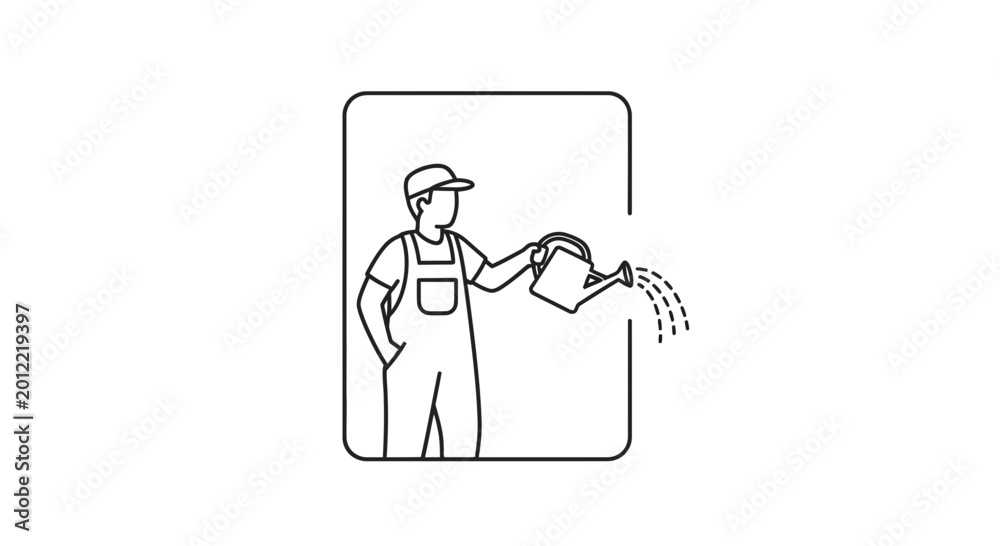 Fototapeta premium Gardener watering plants with watering can, line art illustration
