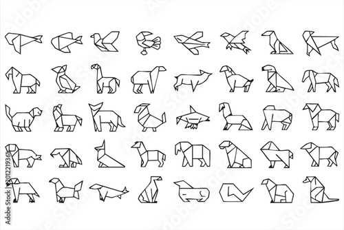 Photography Black line geometric animal symbols featuring folded paper birds, dogs, cats, fo