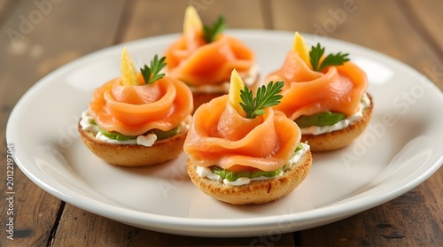 Smoked salmon tartlet with cream cheese and avocado, garnished with parsley, natural lighting, aesthetic wooden background