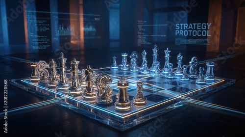 Futuristic Digital Chessboard with Holographic HUD Interface and AI Strategy Protocol