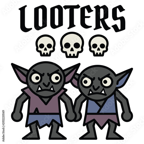 Canvas Print Angry goblin looters illustration with three human skulls above for fantasy game design