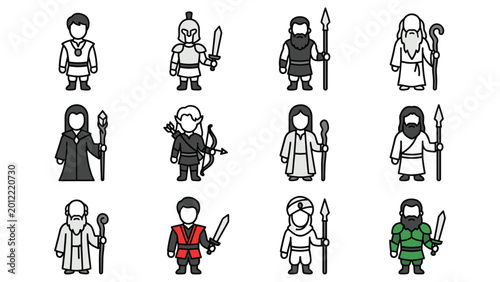 Bild auf Leinwand Fantasy character collection featuring miniature warriors mages and archers in flat style