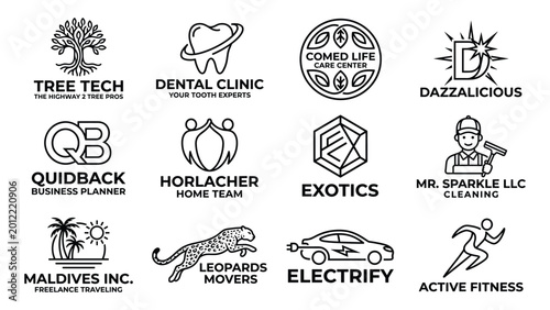 Фотография A collection of twelve line art business logos with various themes and industries represented