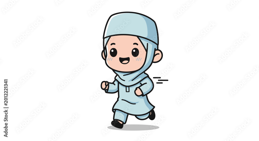 Fototapeta premium Cute Cartoon Muslim Girl Running in Hijab Illustration