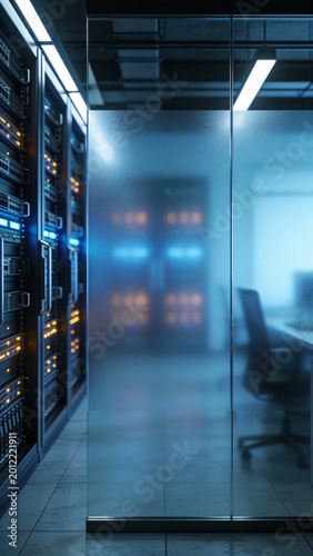 Modern server room in a data center seen through a glass partition in a professional office environment representing cloud computing and network security technology