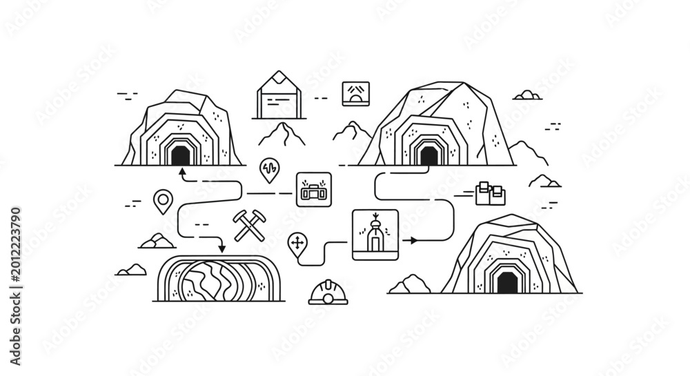 Fototapeta premium Black and white illustration of caves.