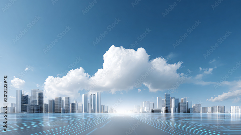 Fototapeta premium Futuristic city skyline with clouds and high-tech digital grid environment