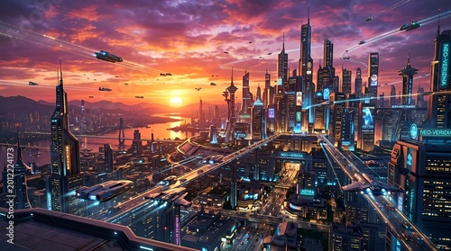 Futuristic cityscape at sunset with flying vehicles and glowing architecture science fiction sci fi high tech futuristic cityscape architecture skyscrapers buildings technology vehicles