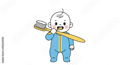 Cute baby holding big toothbrush.