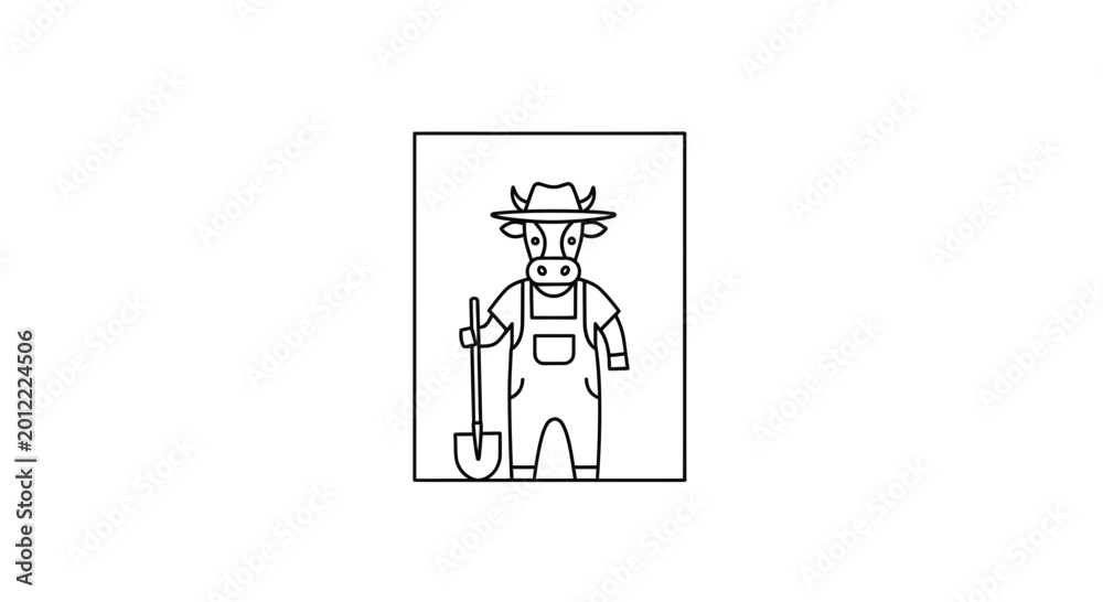 Fototapeta premium Cartoon Farmer Cow with Shovel, Wearing Hat and Overalls, Farm Animal Character