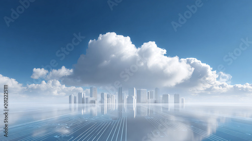 Futuristic cityscape under clouds with reflective water surface and digital technology elements