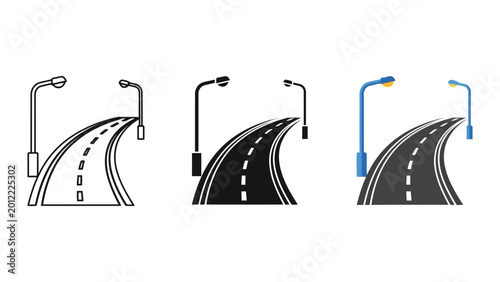 Road with streetlights illustration, line art, silhouette, and color vector styles