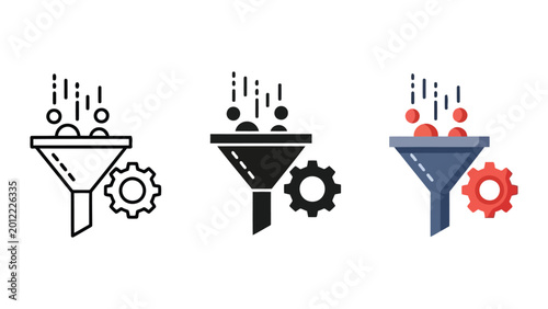 Funnel and gear icons representing data filtering and process optimization