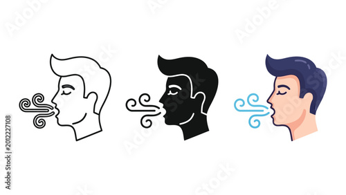 Fotografi Man exhaling, three styles: line art, silhouette, and flat illustration